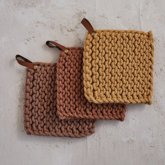 Cotton Crocheted Pot Holder With Leather Loop