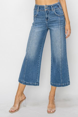 High Rise Front Seam Cropped Wide Jeans