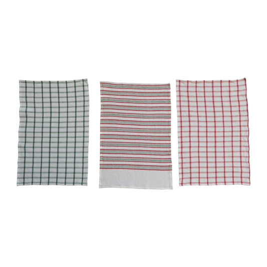 Cotton Waffle Weave Tea Towel w/ Stripes/Grid Pattern, 3 Styles