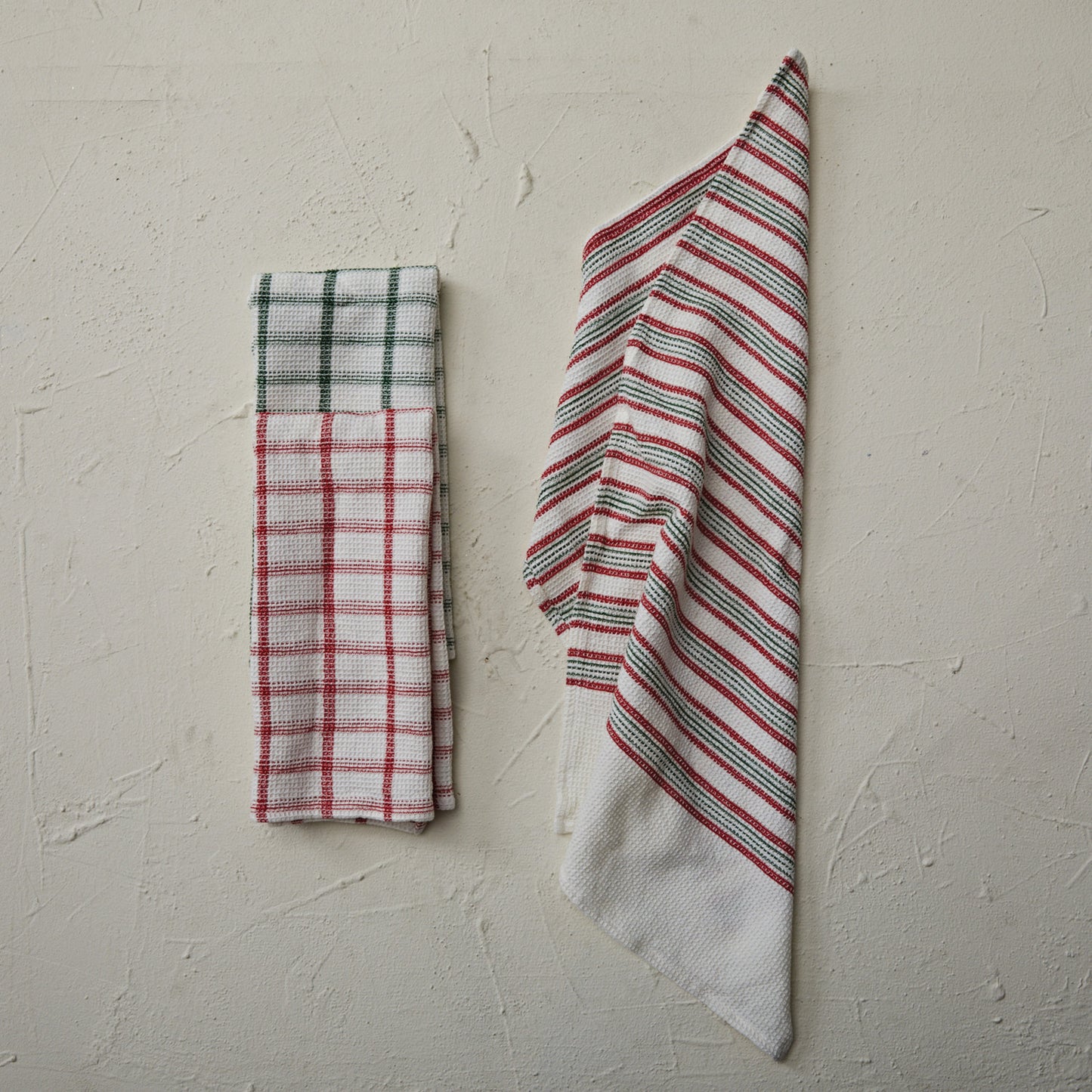 Cotton Waffle Weave Tea Towel w/ Stripes/Grid Pattern, 3 Styles